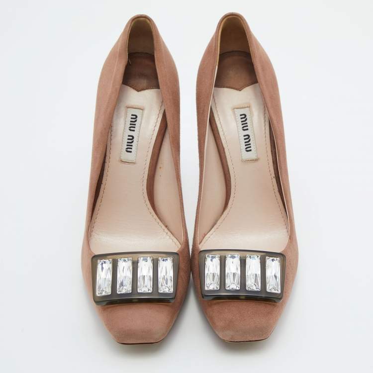Pre Owned Miu Miu Pink Suede Crystal Embellished Platform Pumps Size 37