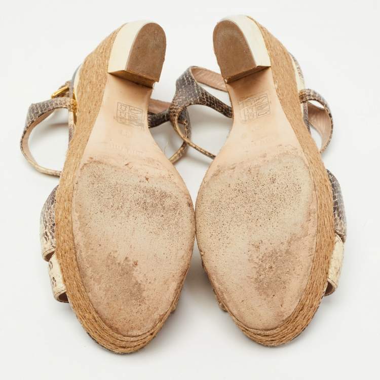 Pre Owned Miu Miu Brown/Beige Python Embossed Leather Ankle Strap Sandals Size 39