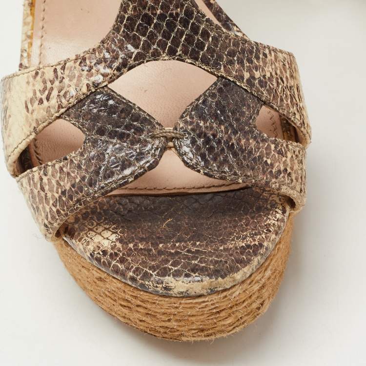 Pre Owned Miu Miu Brown/Beige Python Embossed Leather Ankle Strap Sandals Size 39