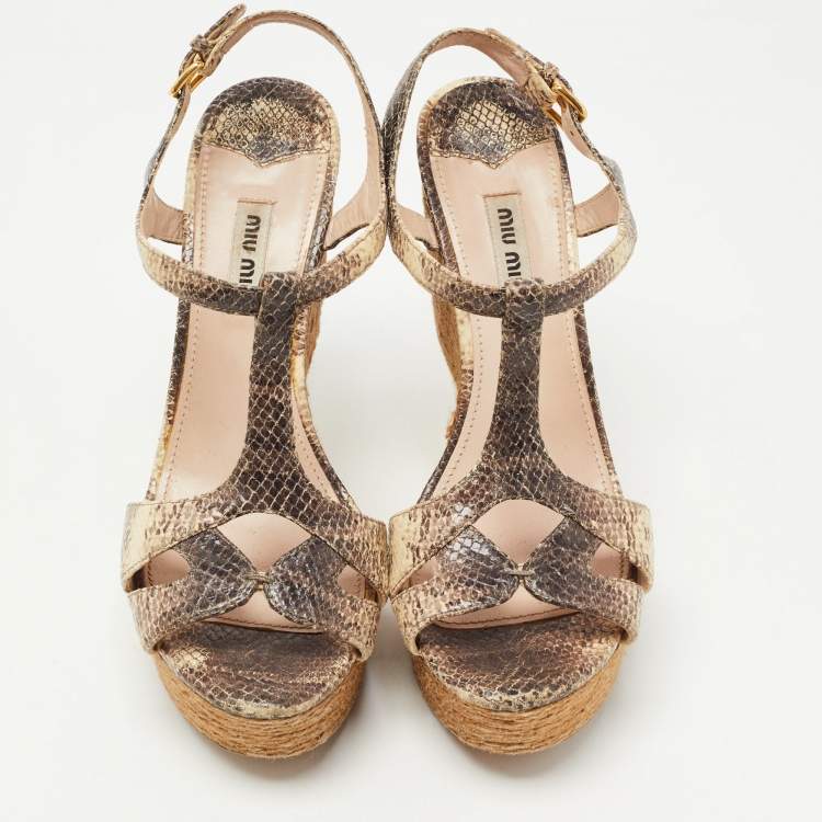 Pre Owned Miu Miu Brown/Beige Python Embossed Leather Ankle Strap Sandals Size 39