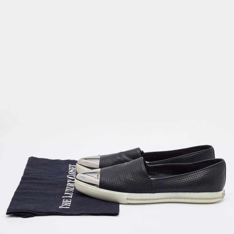 Pre Owned Miu Miu Black Leather Metal Cap-Toe Slip-On Sneakers Size 40.5