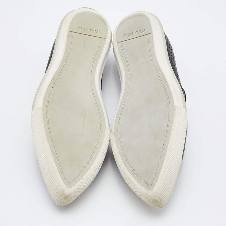 Pre Owned Miu Miu Black Leather Metal Cap-Toe Slip-On Sneakers Size 40.5