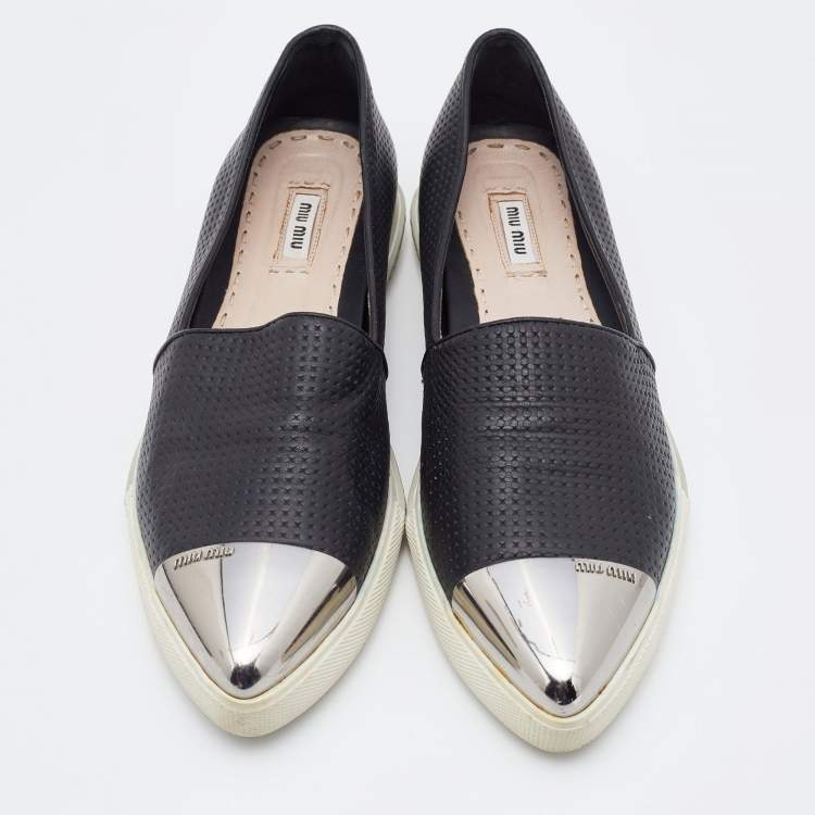 Pre Owned Miu Miu Black Leather Metal Cap-Toe Slip-On Sneakers Size 40.5