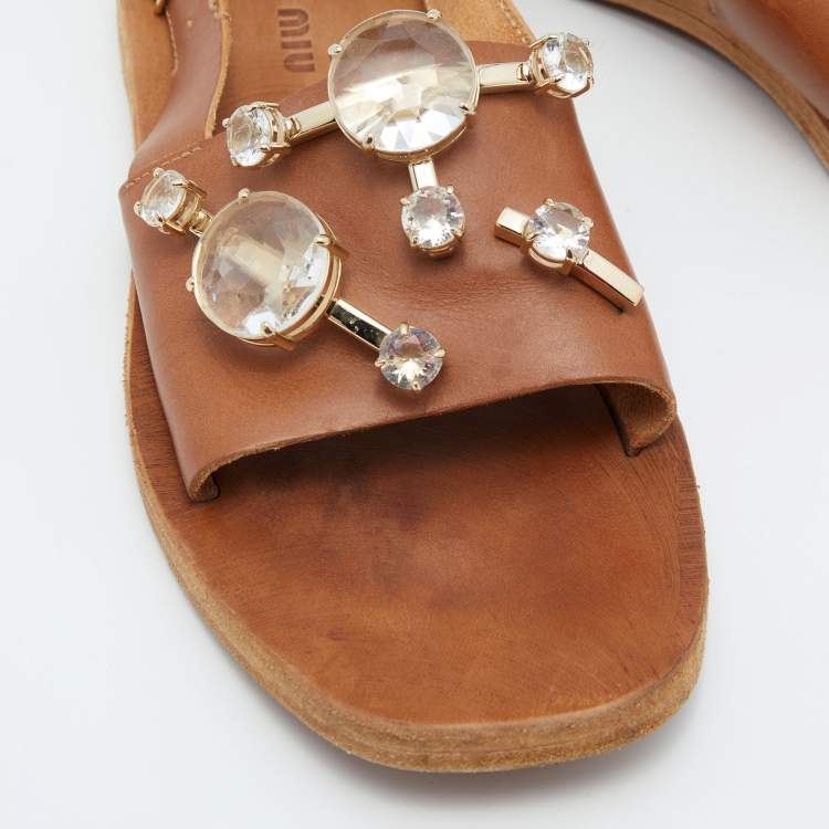 مملوكة مسبقًا Miu Miu Tan Leather Slingback Flat Sandals Size 37
