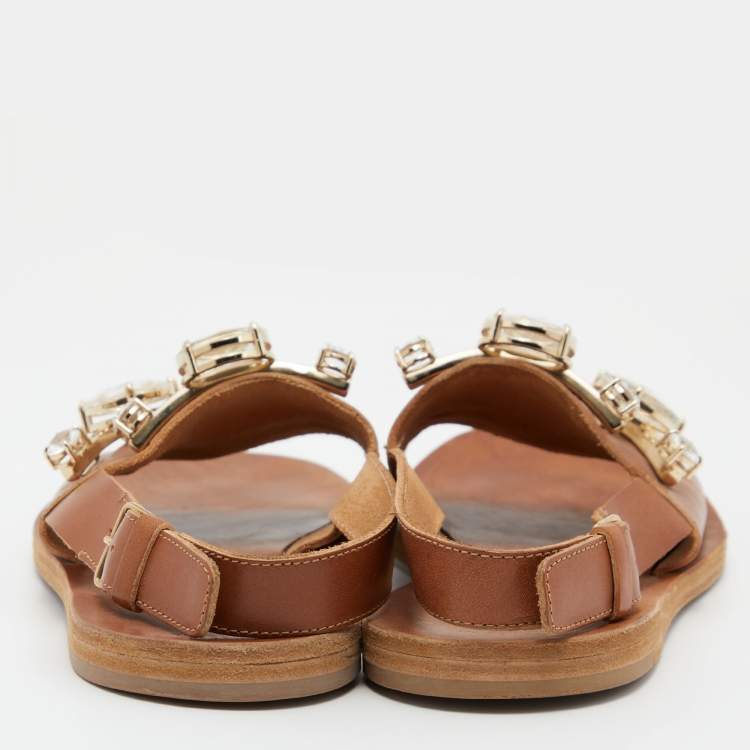 مملوكة مسبقًا Miu Miu Tan Leather Slingback Flat Sandals Size 37