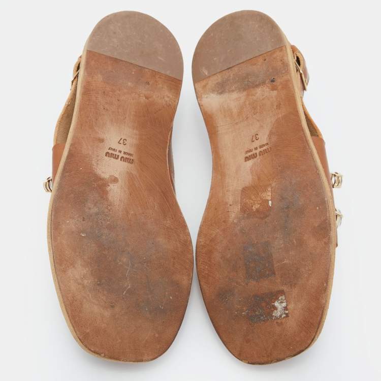 مملوكة مسبقًا Miu Miu Tan Leather Slingback Flat Sandals Size 37