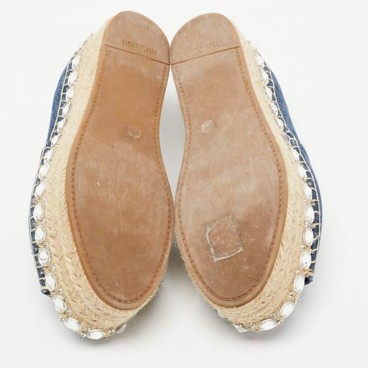 Pre Owned Miu Miu Blue Denim Crystal Embellished Platform Peep Toe Espadrilles Size 35