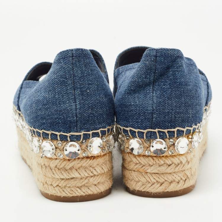Pre Owned Miu Miu Blue Denim Crystal Embellished Platform Peep Toe Espadrilles Size 35