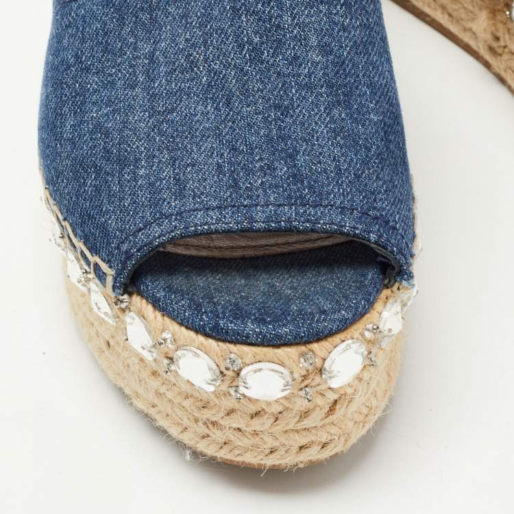 Pre Owned Miu Miu Blue Denim Crystal Embellished Platform Peep Toe Espadrilles Size 35