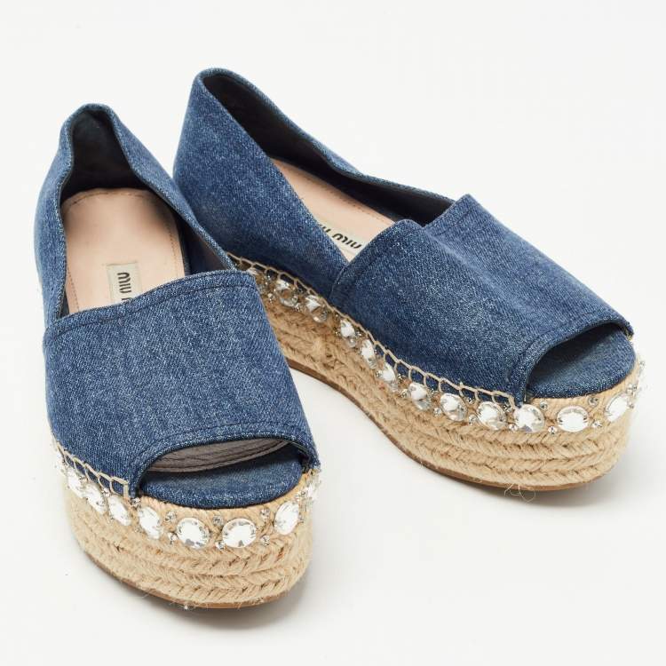 Pre Owned Miu Miu Blue Denim Crystal Embellished Platform Peep Toe Espadrilles Size 35