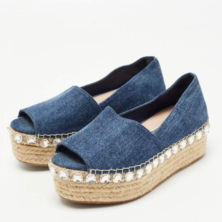 Miu Blue Crystal Embellished Peep Toe Espadrilles Size 35 Miu Miu | TLC