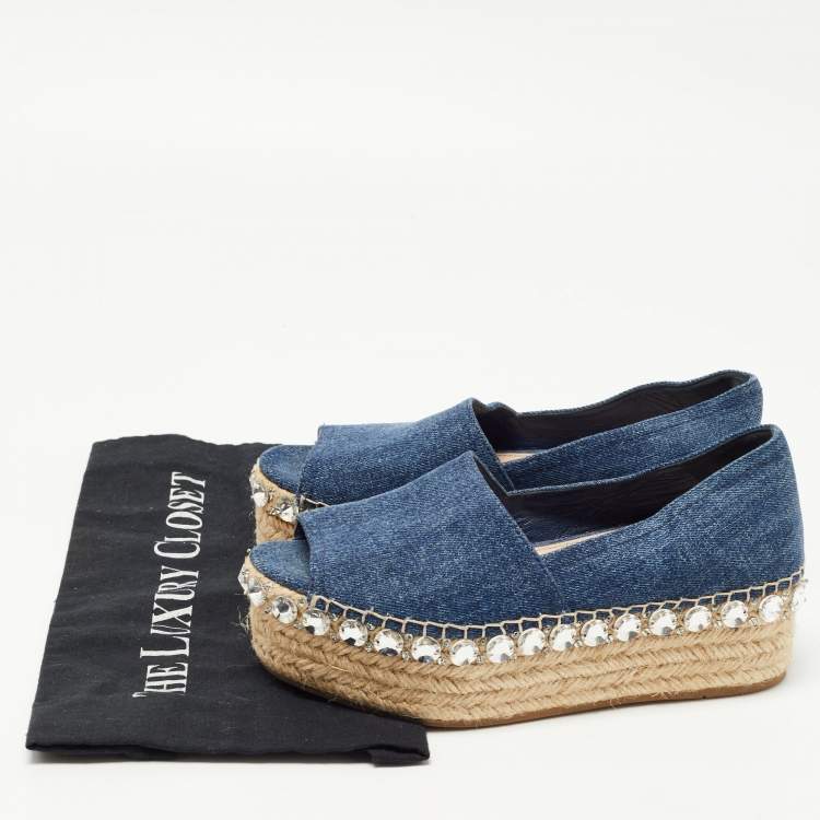 Pre Owned Miu Miu Blue Denim Crystal Embellished Platform Peep Toe Espadrilles Size 35