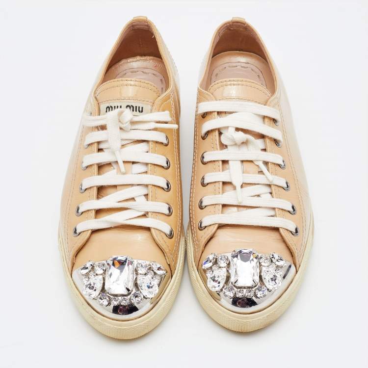 Pre Owned Miu Miu Beige Patent Leather Crystal Embellished Cap Toe Sneakers Size 38.5