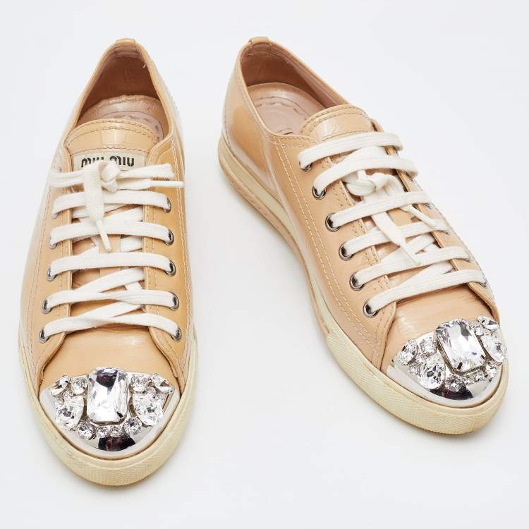 Pre Owned Miu Miu Beige Patent Leather Crystal Embellished Cap Toe Sneakers Size 38.5