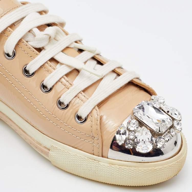 Pre Owned Miu Miu Beige Patent Leather Crystal Embellished Cap Toe Sneakers Size 38.5