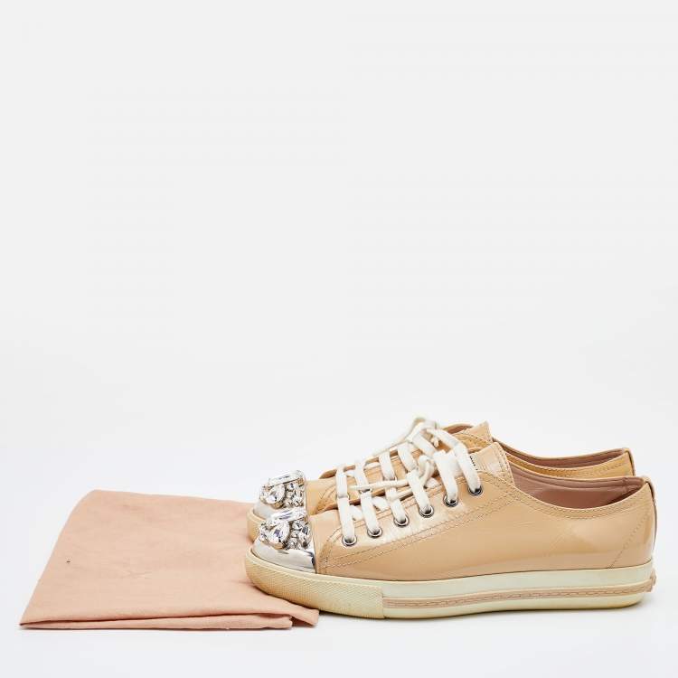Pre Owned Miu Miu Beige Patent Leather Crystal Embellished Cap Toe Sneakers Size 38.5