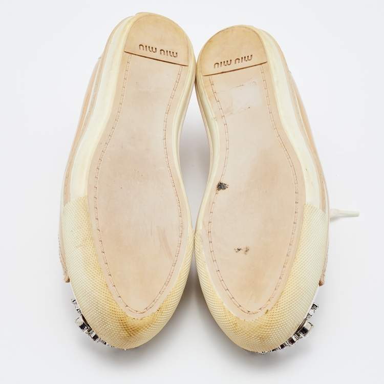 Pre Owned Miu Miu Beige Patent Leather Crystal Embellished Cap Toe Sneakers Size 38.5