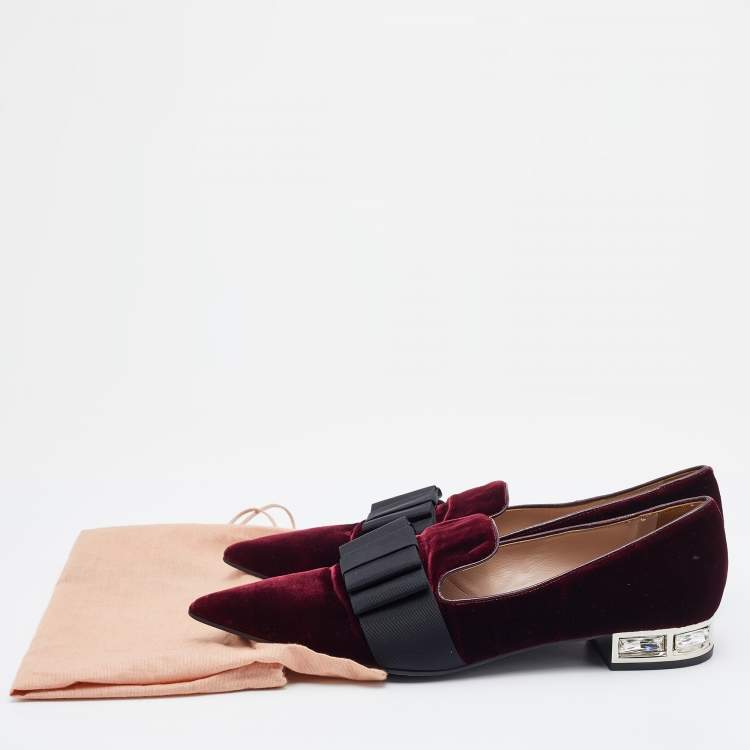 Pre Owned Miu Miu Burgundy/Black Velvet Bow Ballet Flats Size 39