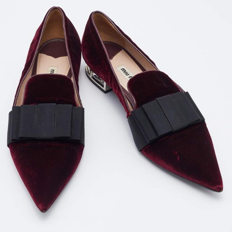 Pre Owned Miu Miu Burgundy/Black Velvet Bow Ballet Flats Size 39