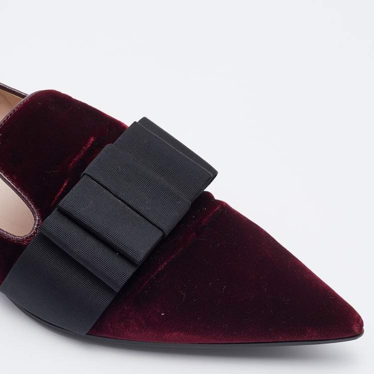 Pre Owned Miu Miu Burgundy/Black Velvet Bow Ballet Flats Size 39