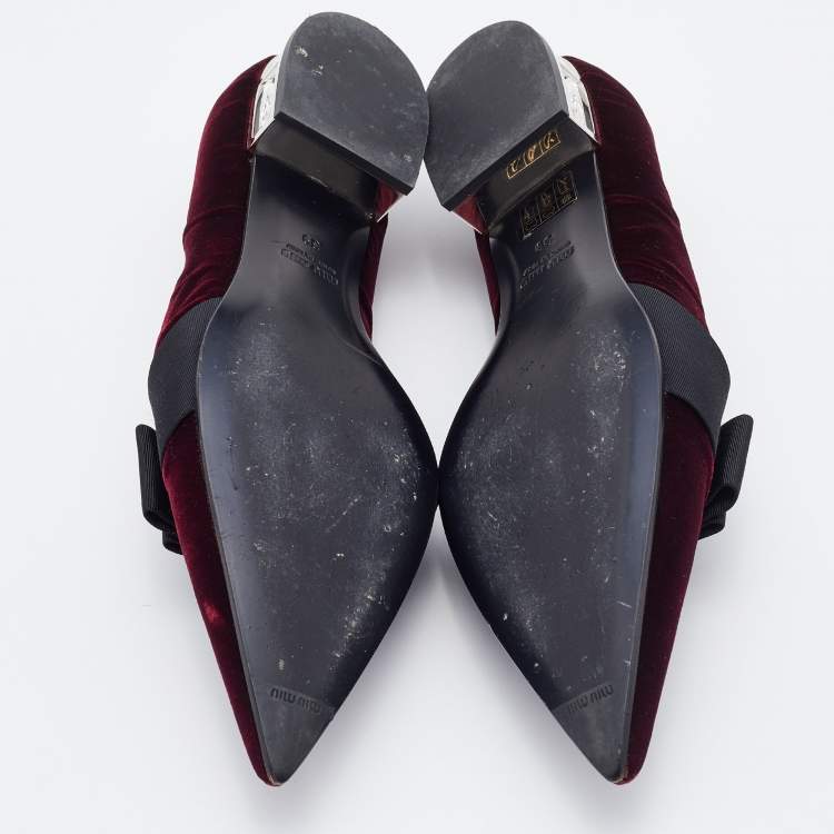 Pre Owned Miu Miu Burgundy/Black Velvet Bow Ballet Flats Size 39