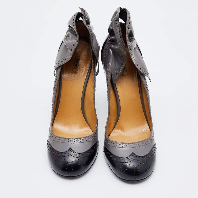 Pre Owned Miu Miu Grey/Black Patent Leather Brogue Platform Pumps Size 38