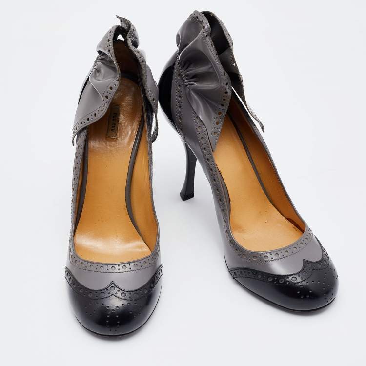 Pre Owned Miu Miu Grey/Black Patent Leather Brogue Platform Pumps Size 38