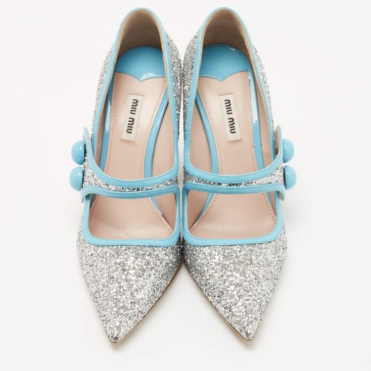 Pre Owned Miu Miu Silver/Blue Coarse Glitter and Patent Leather Mary Jane Pumps Size 40