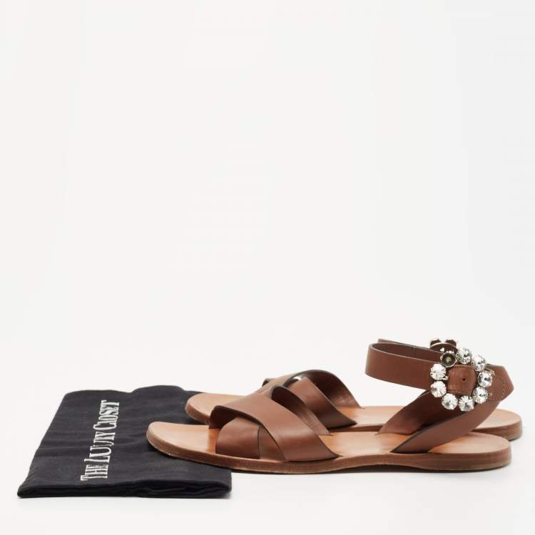 Pre Owned Miu Miu Brown Leather Ankle Strap Flat Sandals Size 38.5