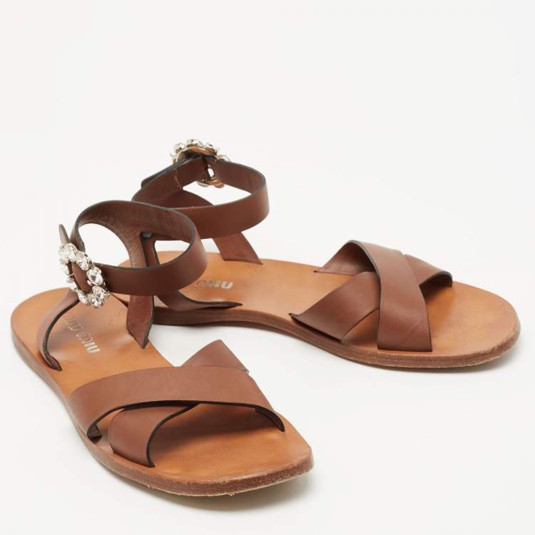Pre Owned Miu Miu Brown Leather Ankle Strap Flat Sandals Size 38.5