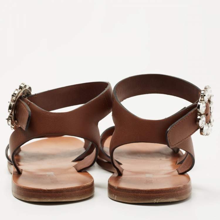 Pre Owned Miu Miu Brown Leather Ankle Strap Flat Sandals Size 38.5