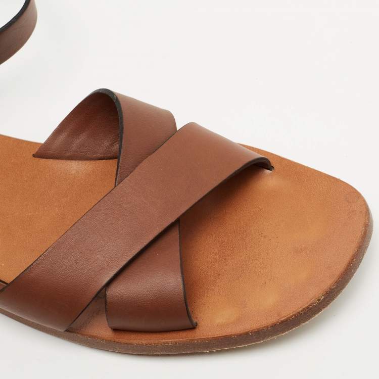 Pre Owned Miu Miu Brown Leather Ankle Strap Flat Sandals Size 38.5