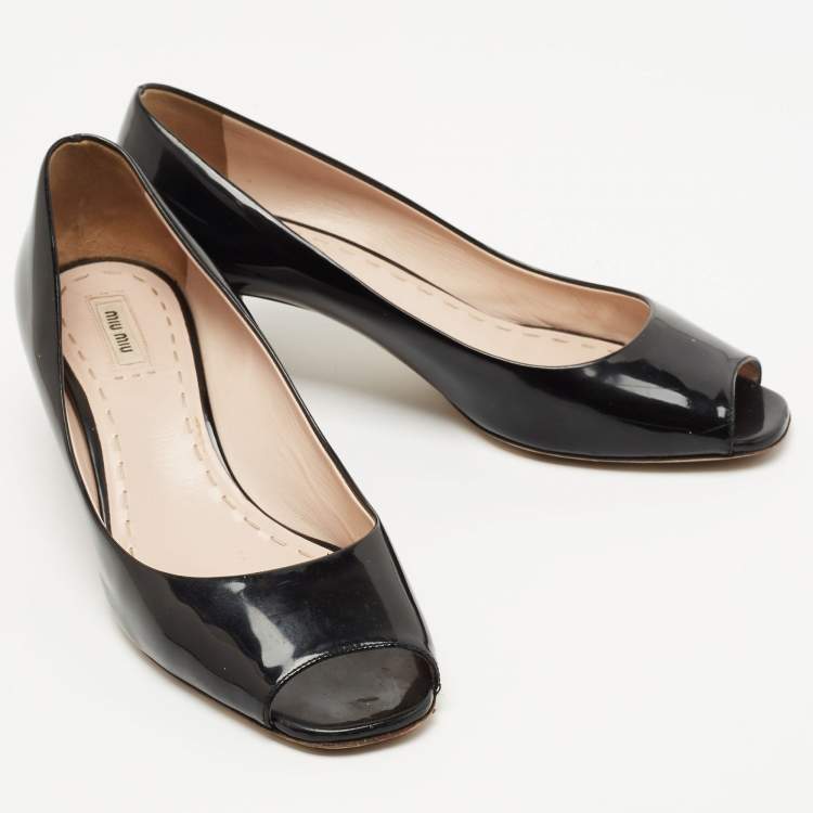 Pre Owned Miu Miu Black Patent Leather Block Heel Peep Toe Pumps Size 41.5