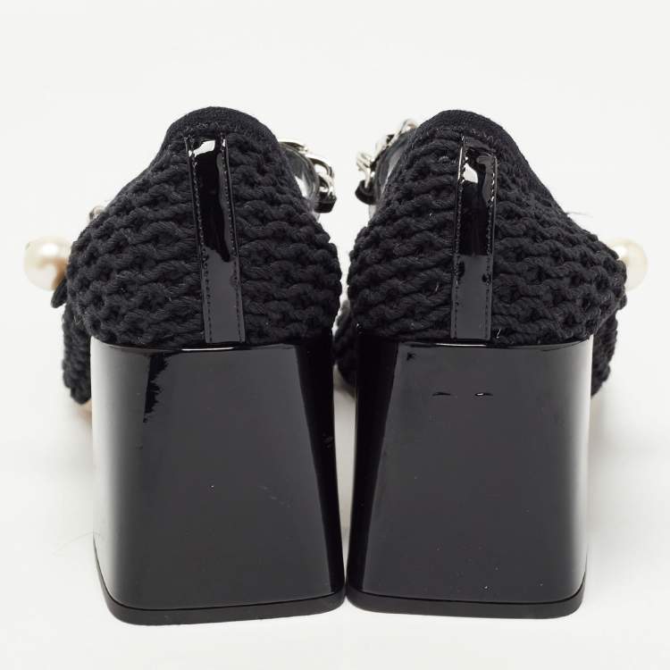 Pre Owned Miu Miu Black Mesh and Patent Block Heel Pumps Size 39