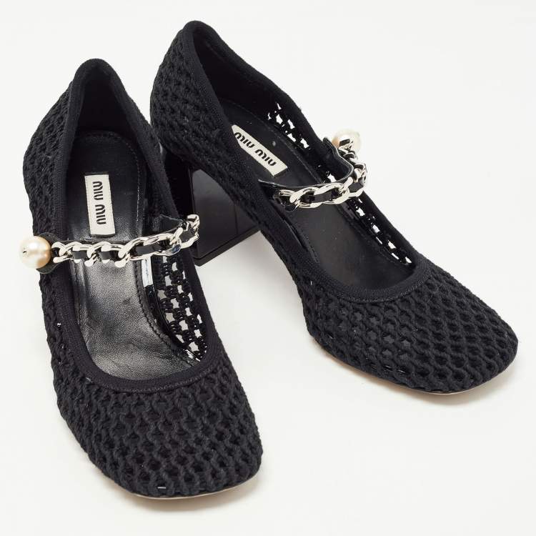 Pre Owned Miu Miu Black Mesh and Patent Block Heel Pumps Size 39