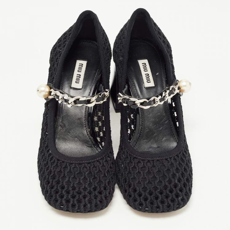 Pre Owned Miu Miu Black Mesh and Patent Block Heel Pumps Size 39