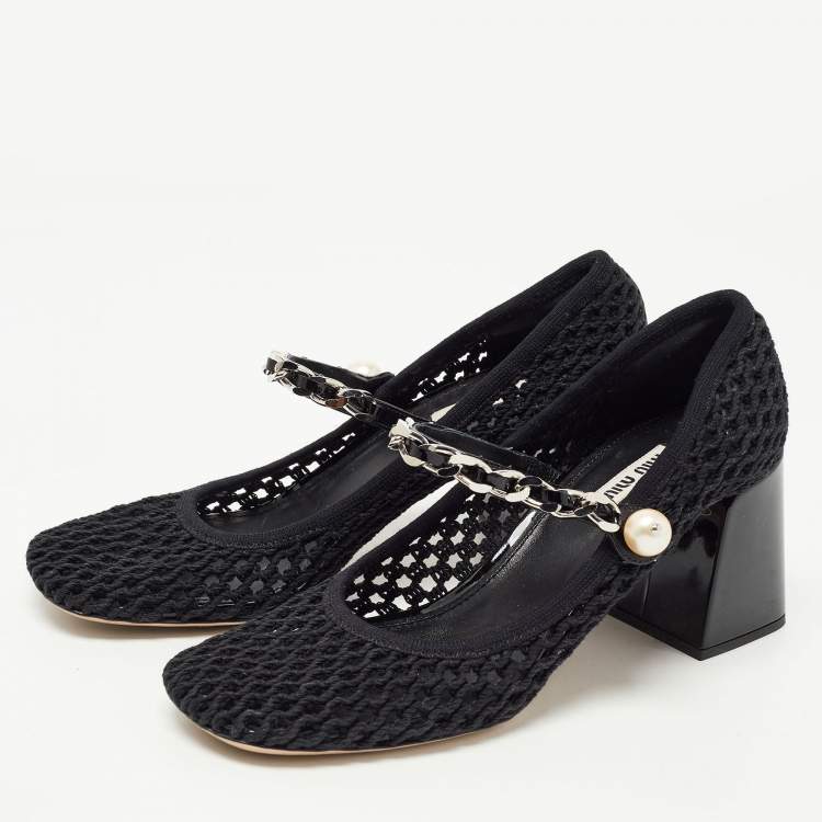 Pre Owned Miu Miu Black Mesh and Patent Block Heel Pumps Size 39