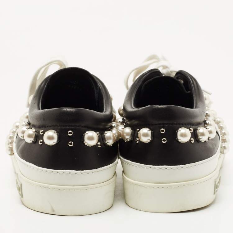 Pre Owned Miu Miu White/Black Leather Studded Lace Up Sneakers Size 41