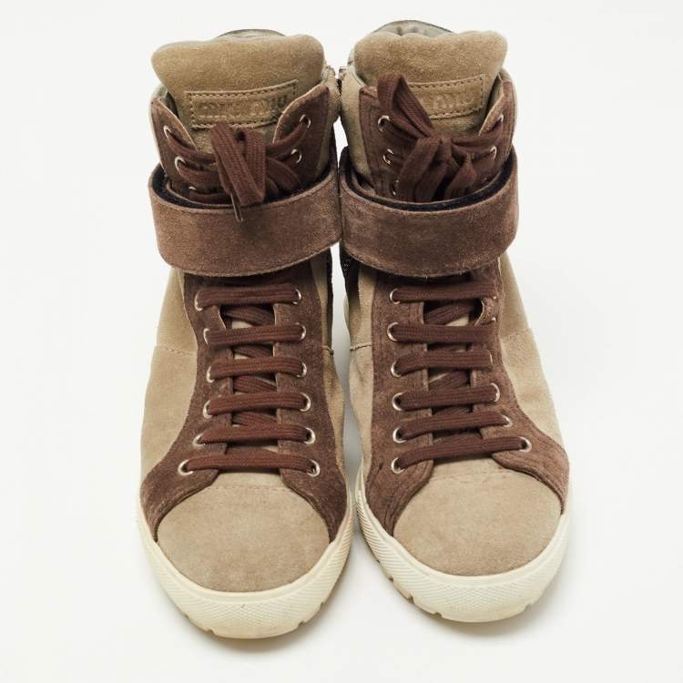 مملوكة مسبقًا Miu Miu Brown/Grey Suede Ankle Length Boots Size 37