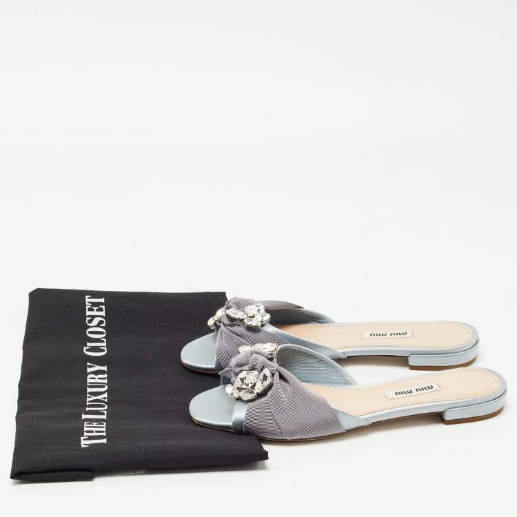 Pre Owned Miu Miu Grey Satin Crystal Embellished Flat Slides Size 36  