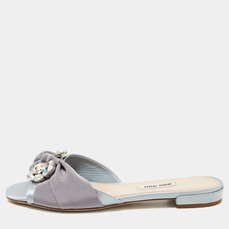 Pre Owned Miu Miu Grey Satin Crystal Embellished Flat Slides Size 36  