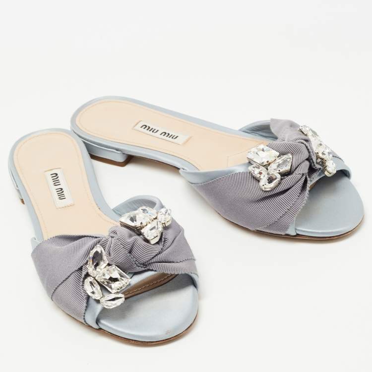 Pre Owned Miu Miu Grey Satin Crystal Embellished Flat Slides Size 36  