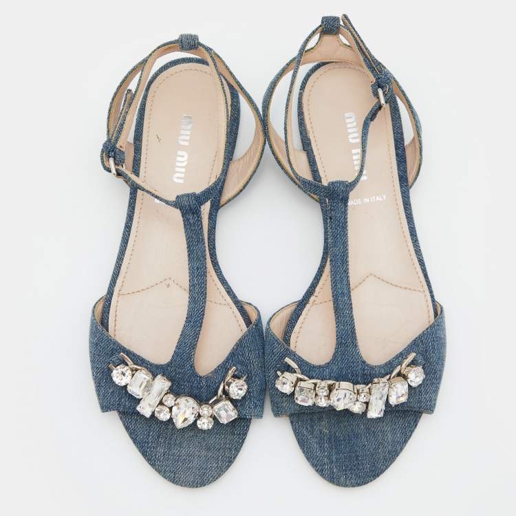 Pre Owned Miu Miu Blue Denim Crystal Embellished Ankle Strap Flats Size 35.5