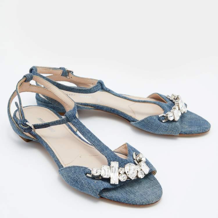 Pre Owned Miu Miu Blue Denim Crystal Embellished Ankle Strap Flats Size 35.5