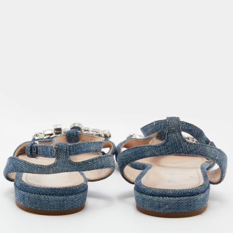 Pre Owned Miu Miu Blue Denim Crystal Embellished Ankle Strap Flats Size 35.5