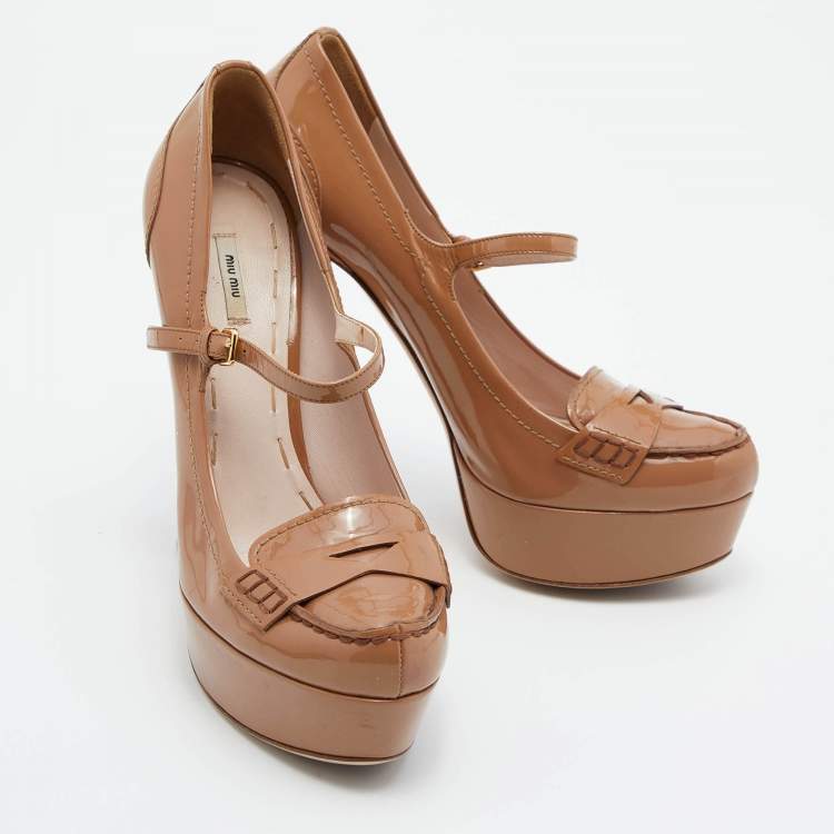 Pre Owned Miu Miu Brown Patent Leather Penny Loafer Platform Pumps Size 39