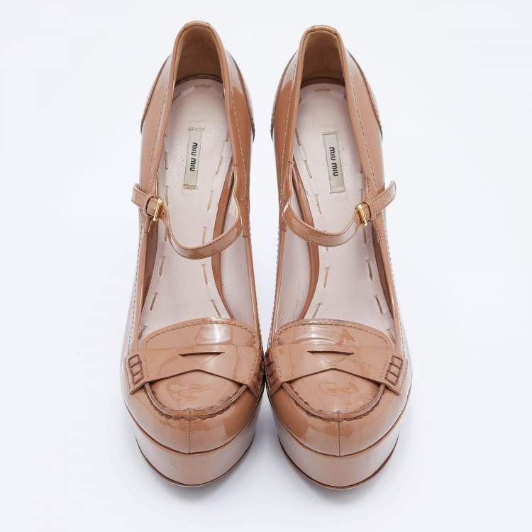 Pre Owned Miu Miu Brown Patent Leather Penny Loafer Platform Pumps Size 39