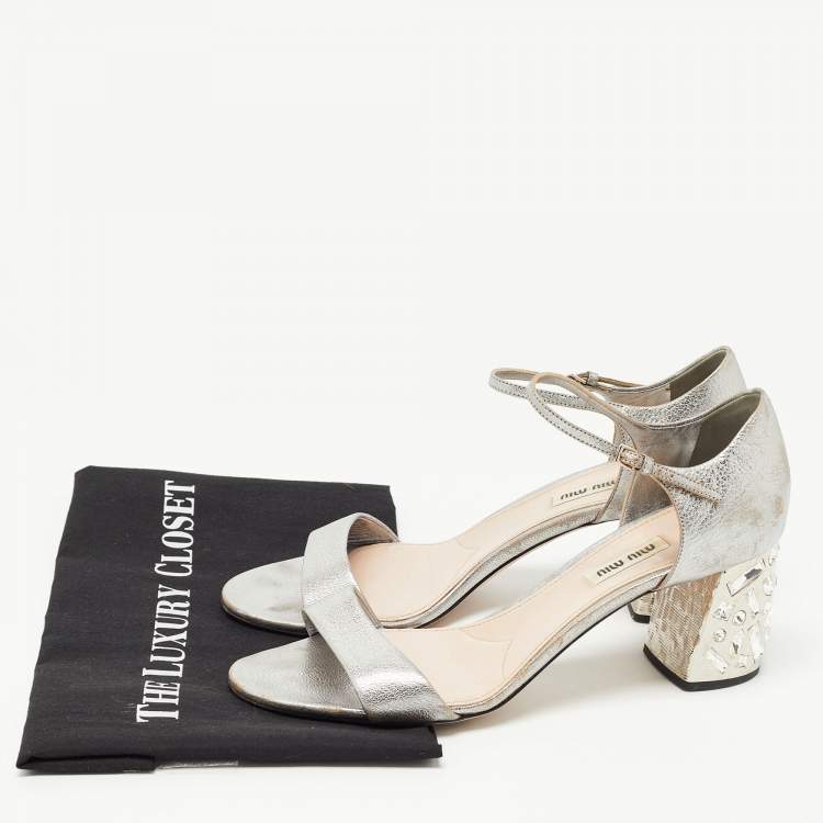 Pre Owned Miu Miu Silver Leather Crystal Heel Ankle Strap Sandals Size 40.5