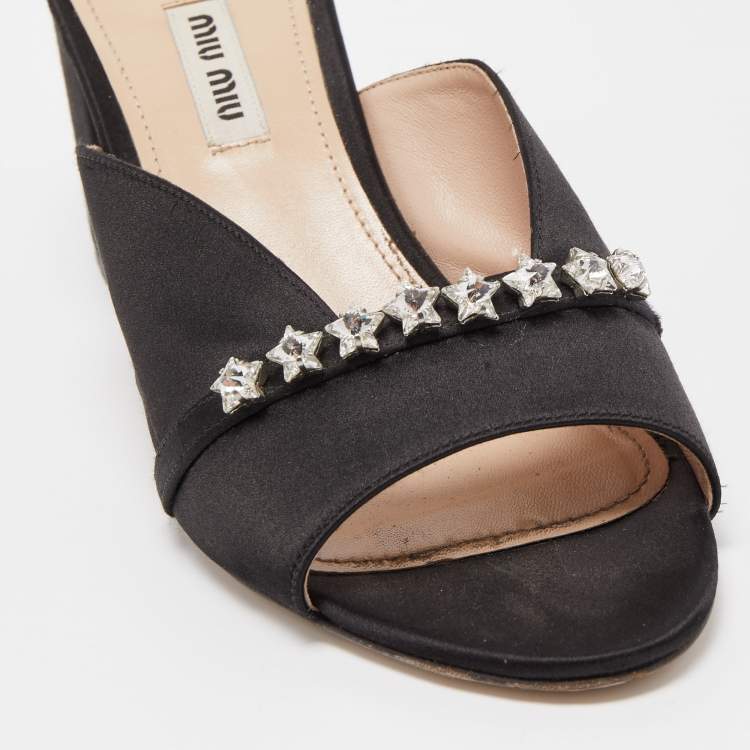 Pre Owned Miu Miu Black Satin Star Slide Sandals Size 38