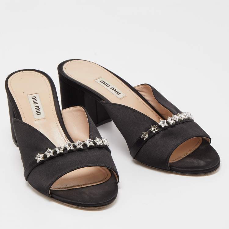 Pre Owned Miu Miu Black Satin Star Slide Sandals Size 38